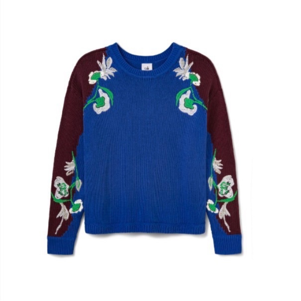 CAbi Blue and Burgundy Floral Sweater